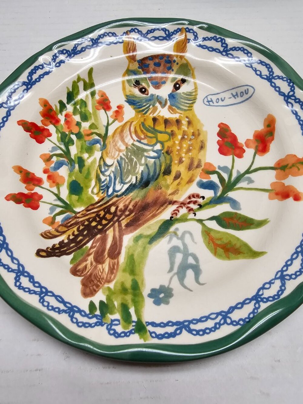 Anthropologie Nathalie Lete Dinner Plate Hou Hou Owl Animal 10" Art Pottery